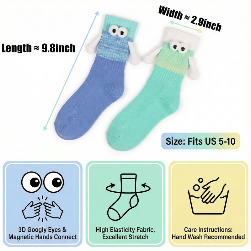 YKW Magnetic Crazy Socks - 2 Pairs Fun Cartoon Character Socks That Hold Hands - Unique Novelty Gifts for Men Women Best Friends (Green/White & Blue/Green) - Image 2