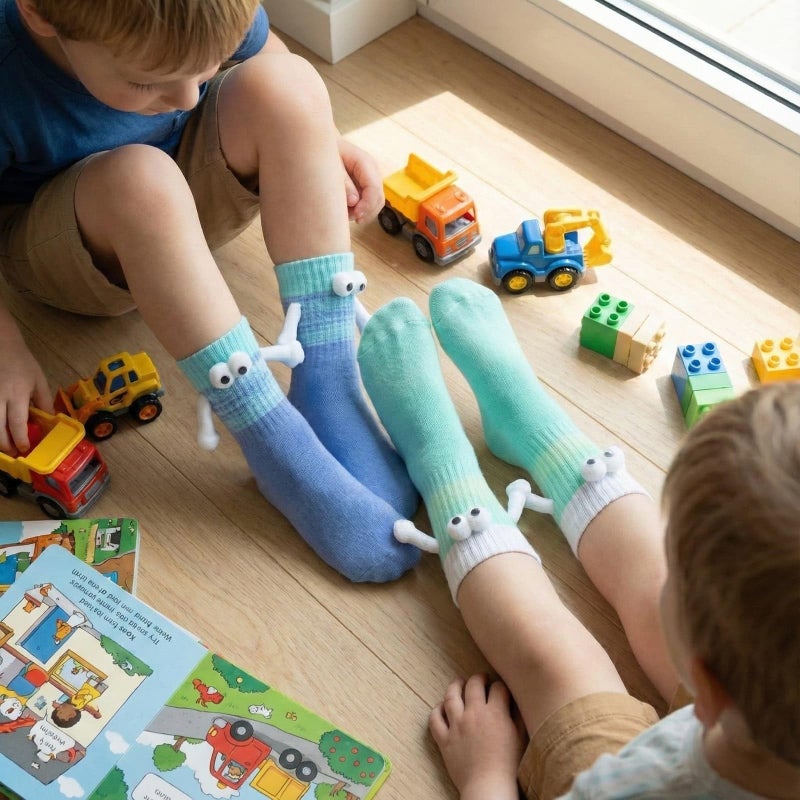 YKW Magnetic Crazy Socks - 2 Pairs Fun Cartoon Character Socks That Hold Hands - Unique Novelty Gifts for Men Women Best Friends (Green/White & Blue/Green) - Image 3