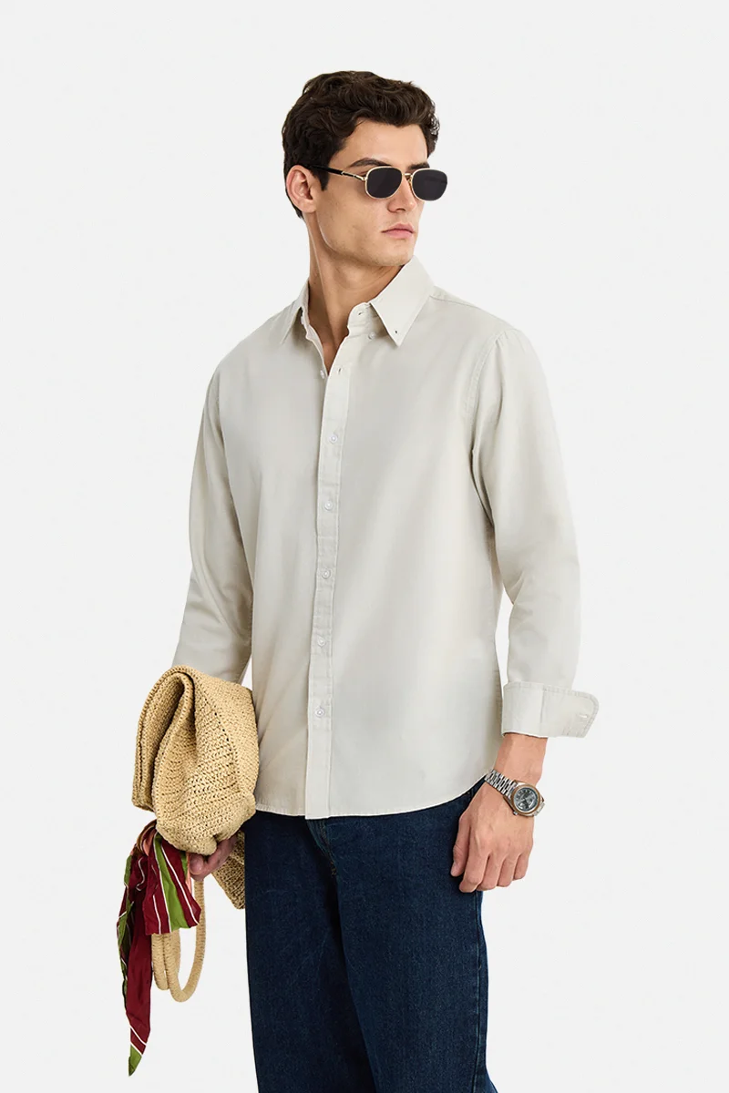 سنيتش Cream Solid Long Sleeve Regular Fit Shirt