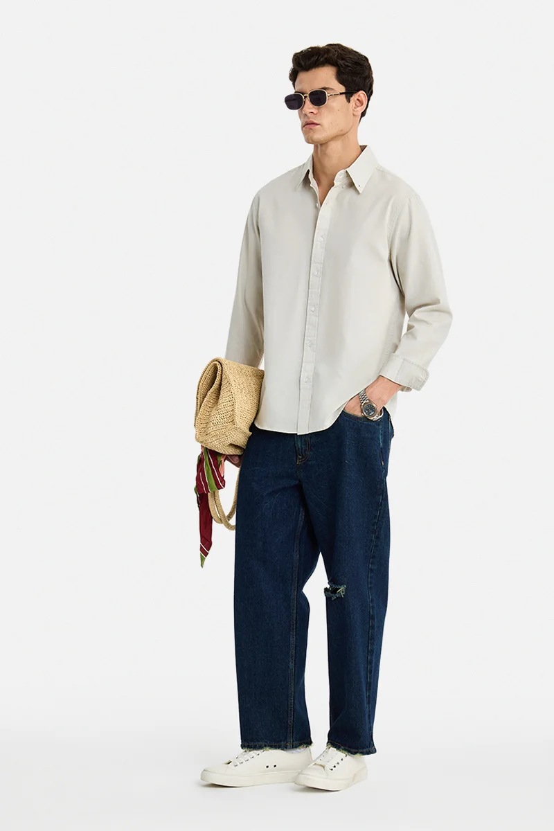 سنيتش Cream Solid Long Sleeve Regular Fit Shirt