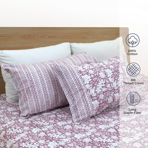 TOAI Hand Block Printed Bedsheet | Bed Spread Flatsheet Bed Sheet | Pure Cotton | Double Bed Queen Size 90"x108" | 300 TC Long Staple Cotton | 2 Reversible Pillow Covers |Vintage Pink White - Image 3