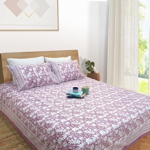 TOAI Hand Block Printed Bedsheet | Bed Spread Flatsheet Bed Sheet | Pure Cotton | Double Bed Queen Size 90"x108" | 300 TC Long Staple Cotton | 2 Reversible Pillow Covers |Vintage Pink White - Image 1