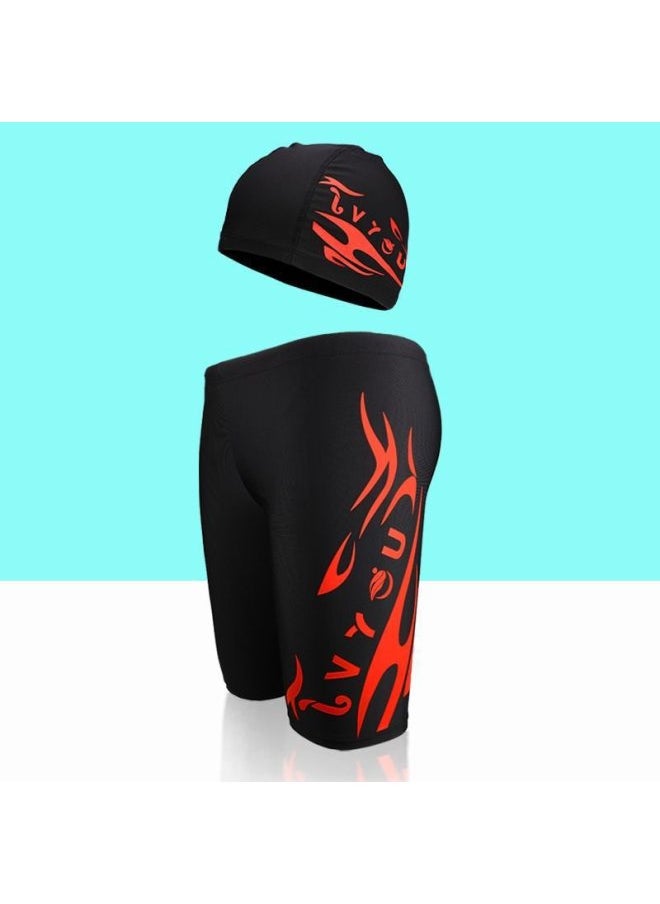 Generic - Men's Swimming Trunks And Swimming Cap Set Learning Swimming Equipment Quick-Drying Boxer Hot Spring Large Size Flame Five-Point Swimming Trunks-Color:8702 Five-point Red Label Pants + Hat-xxxl (recommended Weight 72.5-85kg ) - Image 1