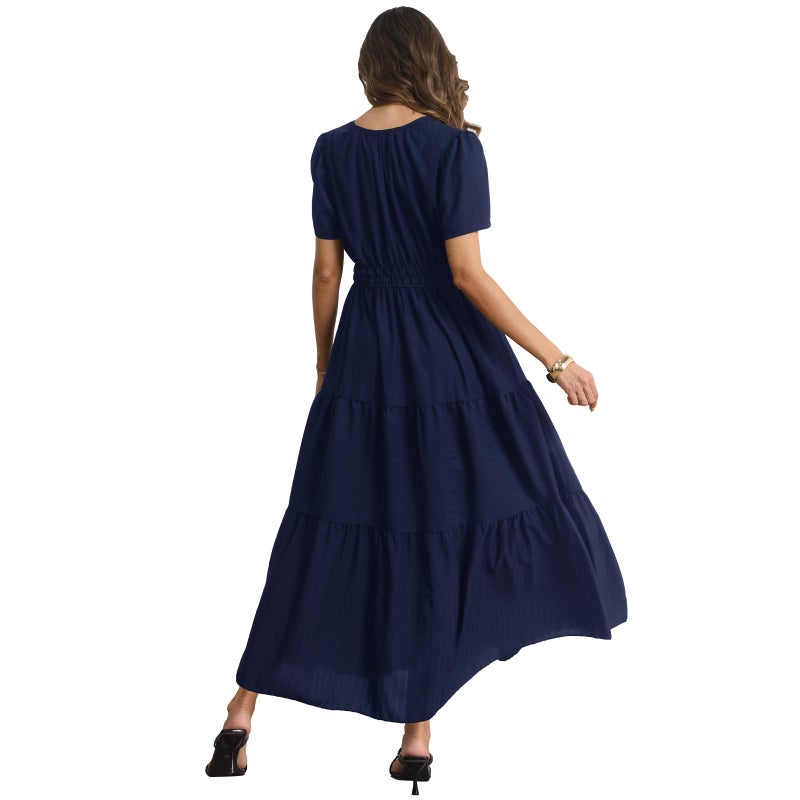 Rainday Womens Casual Maxi Dresses Fashion Holiday Short Sleeved Elastic Waist Beach Boho Dress with Pockets(Z3918SBU,M) - Image 4