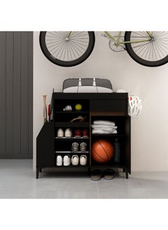 DANUBE HOME Pristina Shoe Cabinet With Open Shelves | 6 Pairs Of Shoes| Modern Design Furniture | Wooden Shoe Organizer For Entryway Hallway | Made In Indonesia | L100xW33.4xH93.5cm - Black / Walnut  - Image 4