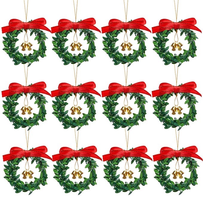 12PCS MINI CHRISTMAS WREATHS SMALL GREEN HANGING WREATH CHRISTMAS ORNAMENT FOR WINTER HOLIDAY HOME OUTDOOR INDOOR FIREPLACE MANTLE WINDOW CABINETS CHRISTMAS TREE FRONT DOOR DECORATIONS 4 INCH