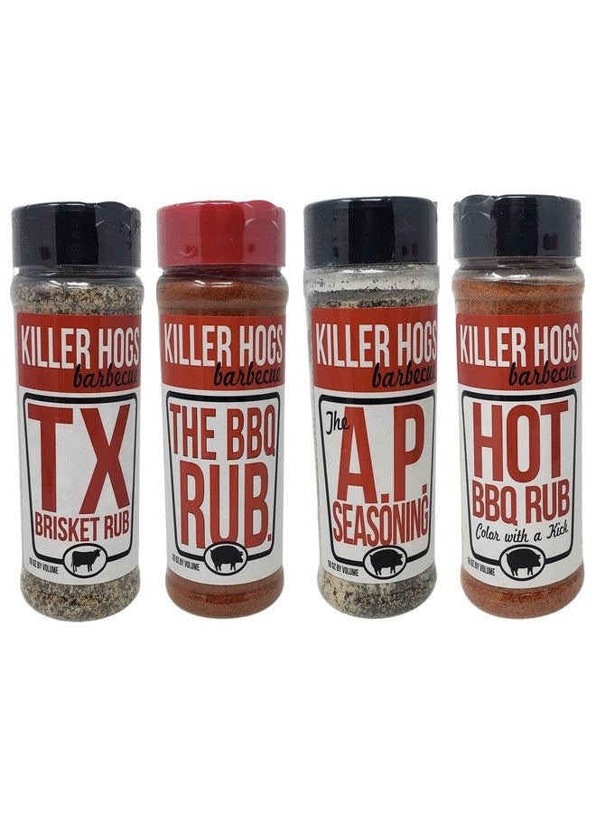 Killer Hogs مجموعة متنوعة من توابل الشواء من كيلر هوغز - توابل الشواء الحارة، وتوابل بريسكيت تكساس، وتوابل AP، وتوابل الشواء الأصلية - عبوة من 4 زجاجات - إجمالي 48 أونصة - توابل شواء كيلر هوغز بالجملة - Image 1