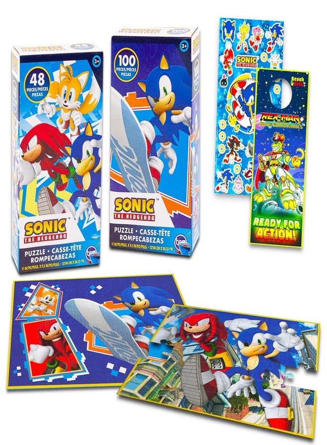 Sonic the Hedgehog Puzzle for Kids, Boys, Girls Set - Bundle with 2 Sonic Puzzles Plus Stickers, More | 48 Pc, 100 Pc Sonic Puzzles for Kids Ages 4-8 - Image 1