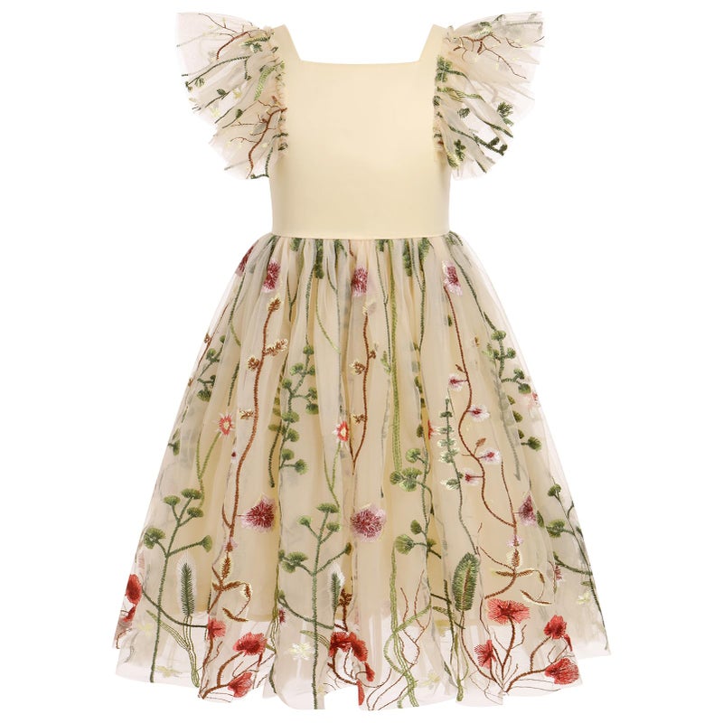 IBAKOM Toddler Flower Girl Dress for Wedding Floral Butterfly Daisy Flutter Sleeve Princess Birthday Tulle Sundress Formal Tea Party Bridesmaid Ball Gown Easter Halloween Dresses Apricot 7-8 Years - Image 3