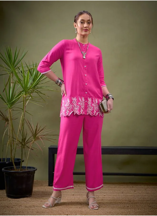 SASSAFRAS Embroidered Hem Placket Shirt & Pants Co-Ord by Styli