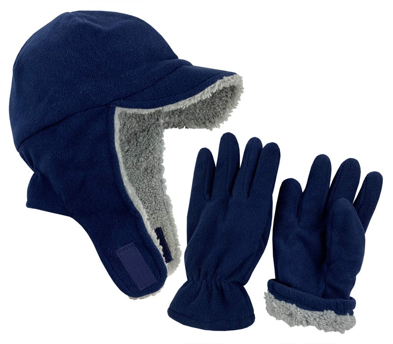 N'Ice Caps Boys Kids Hat Gloves Winter Set Fleece Brim Warm Sherpa Lined (8-12 Years, Navy) - Image 1