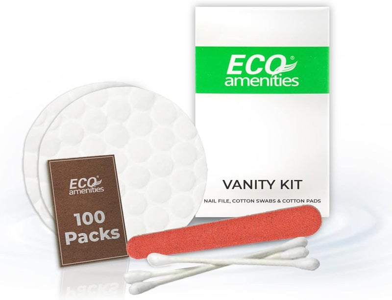 ECO Amenities Hotel Vanity Set Travel Cotton Pads Cotton Swabs and Nail File Packed in Individually Wrapped Paper Box 100 Sets per Case
