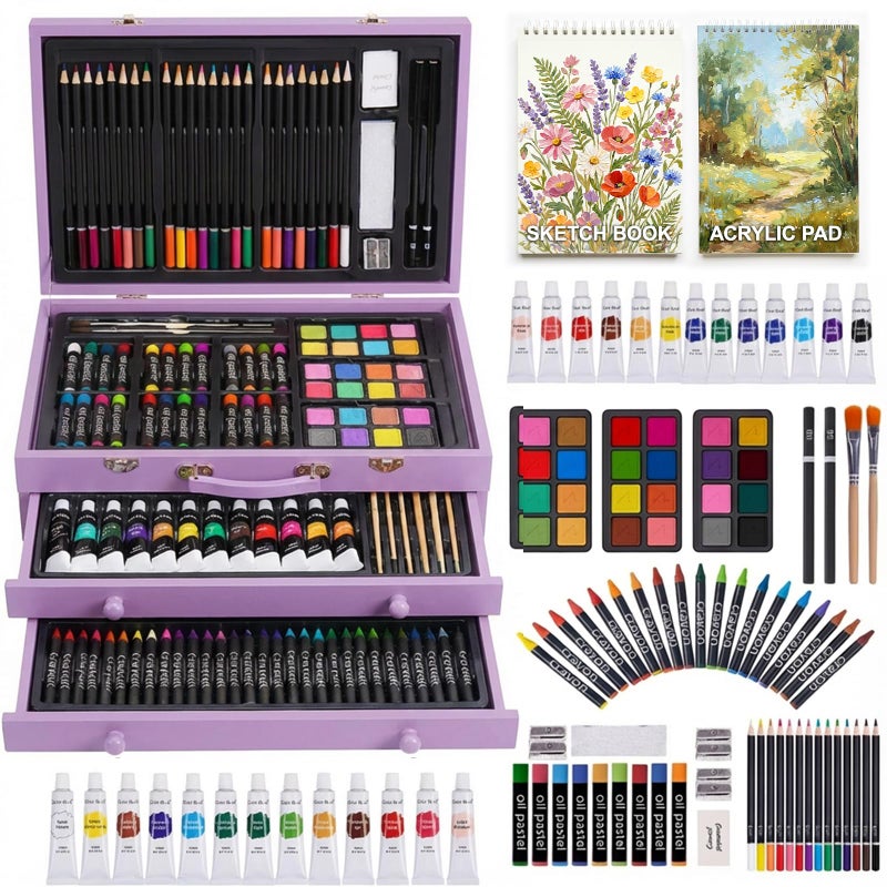 TMOL 175 Piece Deluxe Art Set with 2 Drawing Pads, Acrylic Paints, Crayons, Colored Pencils, Paint Set in Wooden Case, Professional Art Kit, Art Supplies for Adults, Teens and Artist, Paint Supplies - Image 1