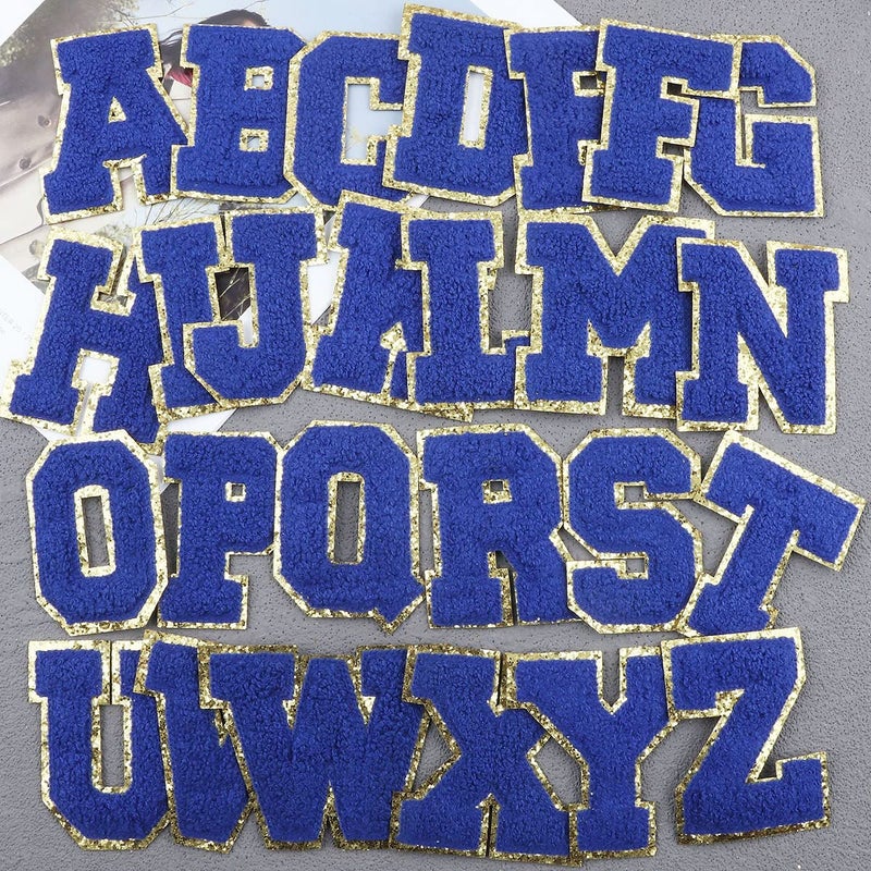 Jacnkb Letter Iron On Patches Sew On Appliques Varsity Alphabet Set Chenille Embroidered Patch Gold Edge AZ English Letter Badge Repair Patches for Hats Jackets Shirts Vests Jeans 26 PCSdark blue
