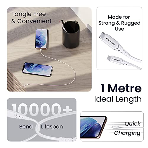 Ambrane 60W / 3A Fast Charging Output Cable with Type-C USB Cable to USB for Mobile, Neckband, True Wireless Earphone Charging, 480mbps Data Sync Speed, 1m Length (ACT - AZ10, White) - Image 2