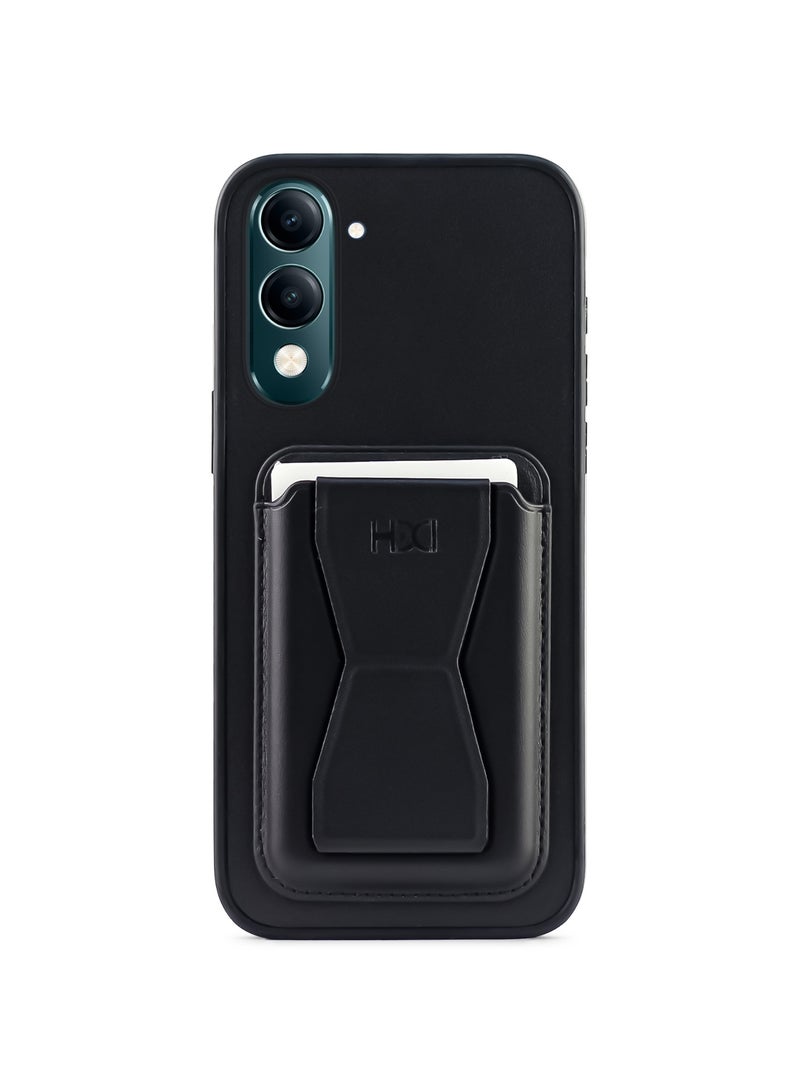 غطاء خلفي من الجلد مع محفظة بطاقات، جراب قابل للطي ومقاوم للصدمات متوافق مع هاتف Vivo Y04 (أسود)