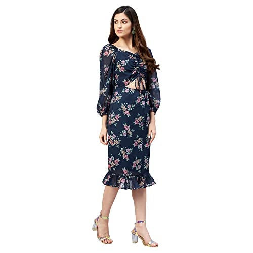 Rare Women Casual Navy Blue Colour Midi Floral Dress - Image 3