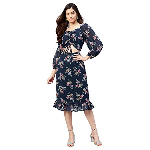 Rare Women Casual Navy Blue Colour Midi Floral Dress - Image 1