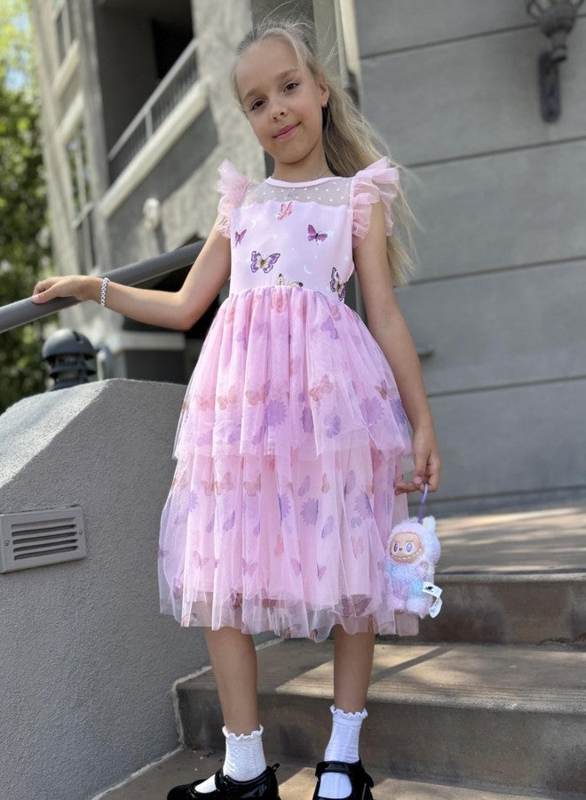 Arshiner Toddler Pink Butterfly Tulle Dresses Birthday Party Wedding Guest Photo Shoot Outfit for Girls 2-3Y - Image 2