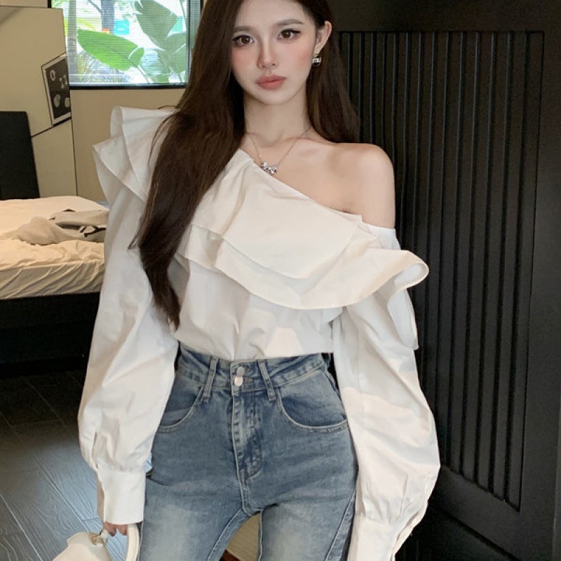 Elegant Long Sleeve Womens Shirt Shoulder Bared French Design Lotus Leaf Edge Spring Autumn Short Top Commute City Style White 