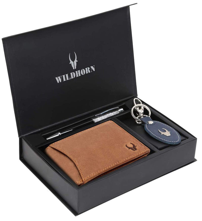 WildHorn Gift Hamper for Men I Leather Wallet, Keychain & Pen Combo Gift Set I Gift for Friend, Boyfriend,Husband,Father, Son Etc,Brown - Image 1