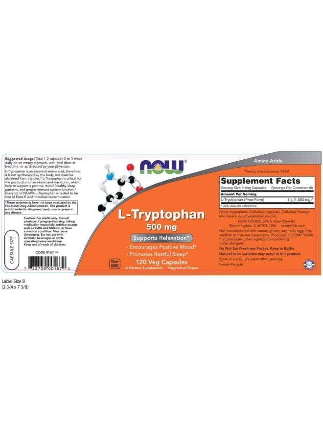 Now Foods L-Tryptophan Dietary Supplement 120 Veg Capsules - Image 2
