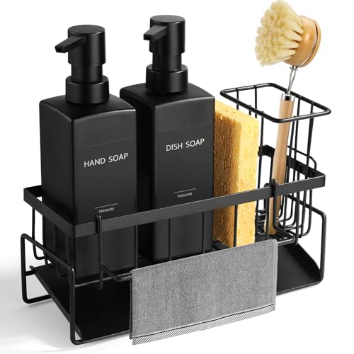 GM GMISUN GMISUN Dish Soap Dispenser, 12 fl oz / 350 ml Dual Kitchen Soap Dispensers with Sponge Holder, Customized Matte Black Kitchen Soap Dispenser Set, Modern Hand and Dish Soap Bottle Set Removable - Image 1