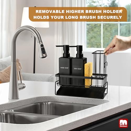 GM GMISUN GMISUN Dish Soap Dispenser, 12 fl oz / 350 ml Dual Kitchen Soap Dispensers with Sponge Holder, Customized Matte Black Kitchen Soap Dispenser Set, Modern Hand and Dish Soap Bottle Set Removable - Image 4