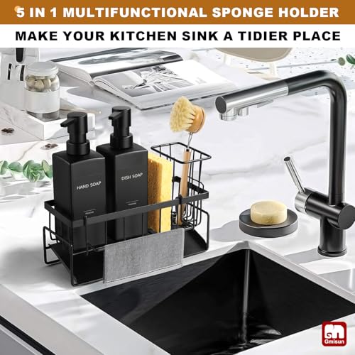 GM GMISUN GMISUN Dish Soap Dispenser, 12 fl oz / 350 ml Dual Kitchen Soap Dispensers with Sponge Holder, Customized Matte Black Kitchen Soap Dispenser Set, Modern Hand and Dish Soap Bottle Set Removable - Image 5