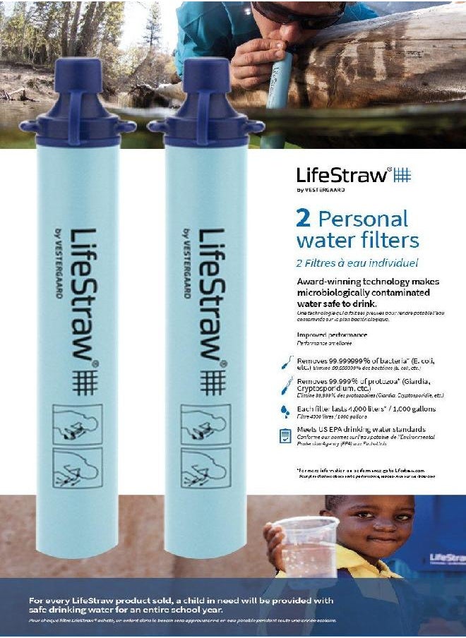 LifeStraw - Personal Water Filter For Hiking, Camping, Travel, And Emergency Preparedness, 2 Pack, Blue - Image 1