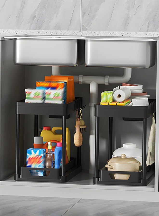 DUNISO Double layer storage rack, multifunctional kitchen floor rack, cosmetics storage rack, table side storage platform, with hooks, suitable for kitchen, bathroom, office, dormitory, 39.2 * 21.2 * 35.7cm，black - Image 5