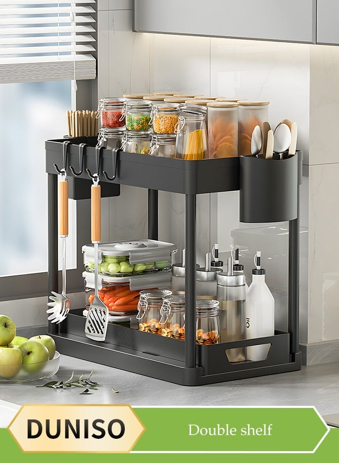 DUNISO Double layer storage rack, multifunctional kitchen floor rack, cosmetics storage rack, table side storage platform, with hooks, suitable for kitchen, bathroom, office, dormitory, 39.2 * 21.2 * 35.7cm，black - Image 1
