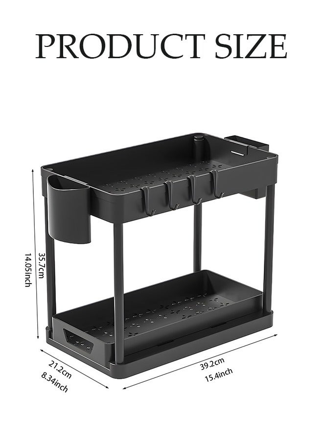 DUNISO Double layer storage rack, multifunctional kitchen floor rack, cosmetics storage rack, table side storage platform, with hooks, suitable for kitchen, bathroom, office, dormitory, 39.2 * 21.2 * 35.7cm，black - Image 2