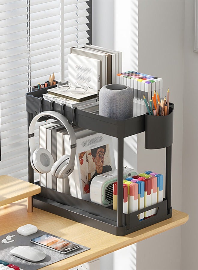 DUNISO Double layer storage rack, multifunctional kitchen floor rack, cosmetics storage rack, table side storage platform, with hooks, suitable for kitchen, bathroom, office, dormitory, 39.2 * 21.2 * 35.7cm，black - Image 3