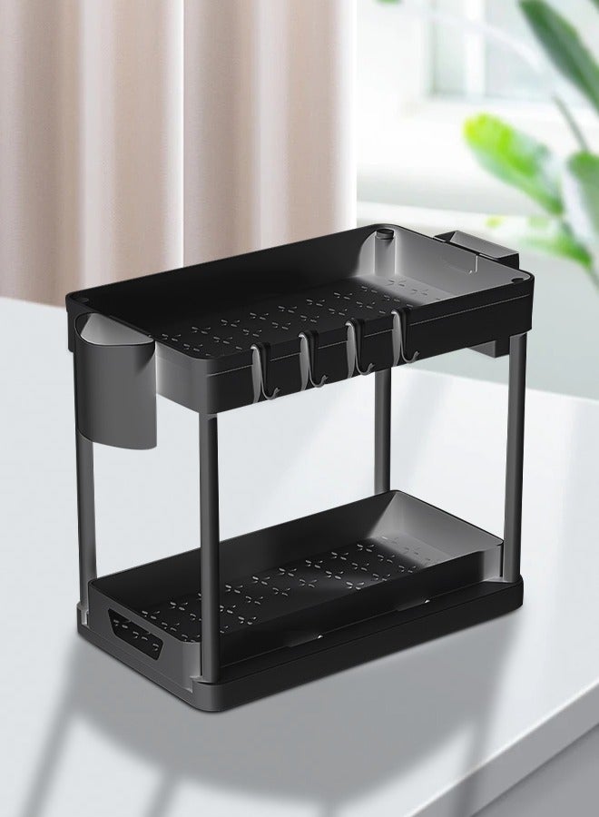 DUNISO Double layer storage rack, multifunctional kitchen floor rack, cosmetics storage rack, table side storage platform, with hooks, suitable for kitchen, bathroom, office, dormitory, 39.2 * 21.2 * 35.7cm，black - Image 4