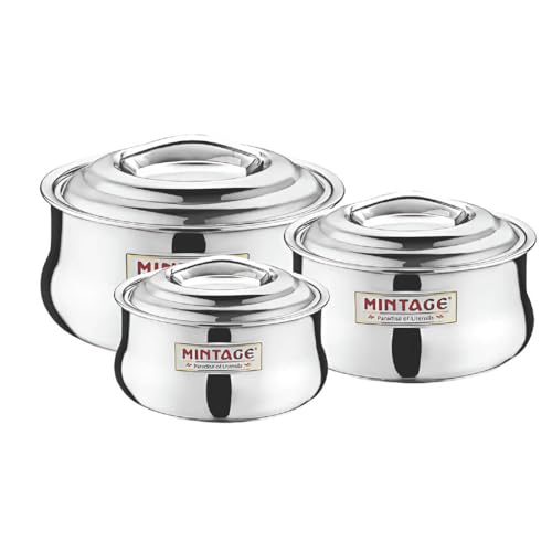Mintage Symphony Casserole Set of 3 (1500ml + 2200ml + 2700ml) | Casserole for Roti Hot Case | Stainless Steel Hot Pot, Food Grade Rice-Gravy-Curry, Silver Hot Box with Steel Lid - Image 1