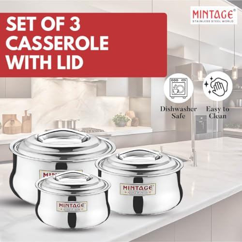 Mintage Symphony Casserole Set of 3 (1500ml + 2200ml + 2700ml) | Casserole for Roti Hot Case | Stainless Steel Hot Pot, Food Grade Rice-Gravy-Curry, Silver Hot Box with Steel Lid - Image 5