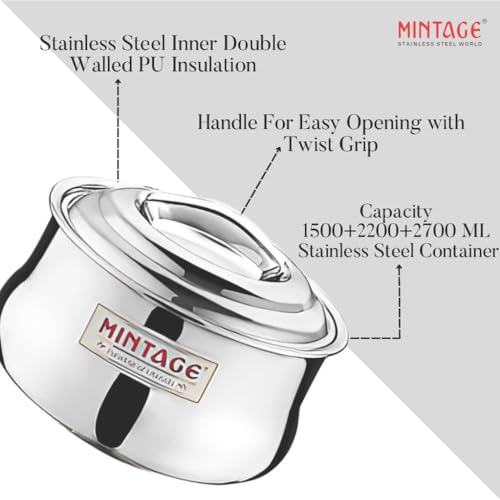 Mintage Symphony Casserole Set of 3 (1500ml + 2200ml + 2700ml) | Casserole for Roti Hot Case | Stainless Steel Hot Pot, Food Grade Rice-Gravy-Curry, Silver Hot Box with Steel Lid - Image 2