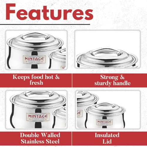 Mintage Symphony Casserole Set of 3 (1500ml + 2200ml + 2700ml) | Casserole for Roti Hot Case | Stainless Steel Hot Pot, Food Grade Rice-Gravy-Curry, Silver Hot Box with Steel Lid - Image 4