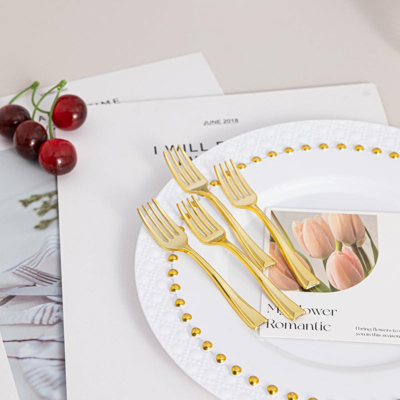 N9R 300PCS Gold Plastic Mini Forks  4 Inches - Heavy Duty Disposable Cocktail  Dessert & Appetizer Forks  Elegant Party Serving Utensils for Tastings  Finger Foods  Weddings  Events - Image 5