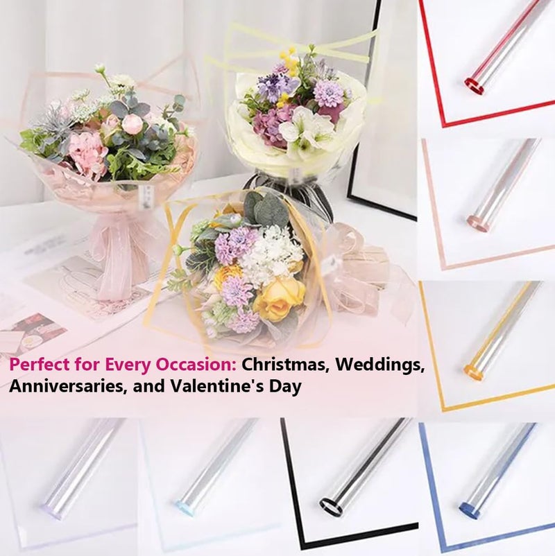 Saksham Coloured Border Clear Waterproof Floral Wrapping Paper (10 Sheets 58cm x 58cm) | Transparent Bouquet Wrap Sheets for Flowers (Lavender) | Korean Style Gift Wrap | Get 1 Free Pull Bow Ribbon - Image 3