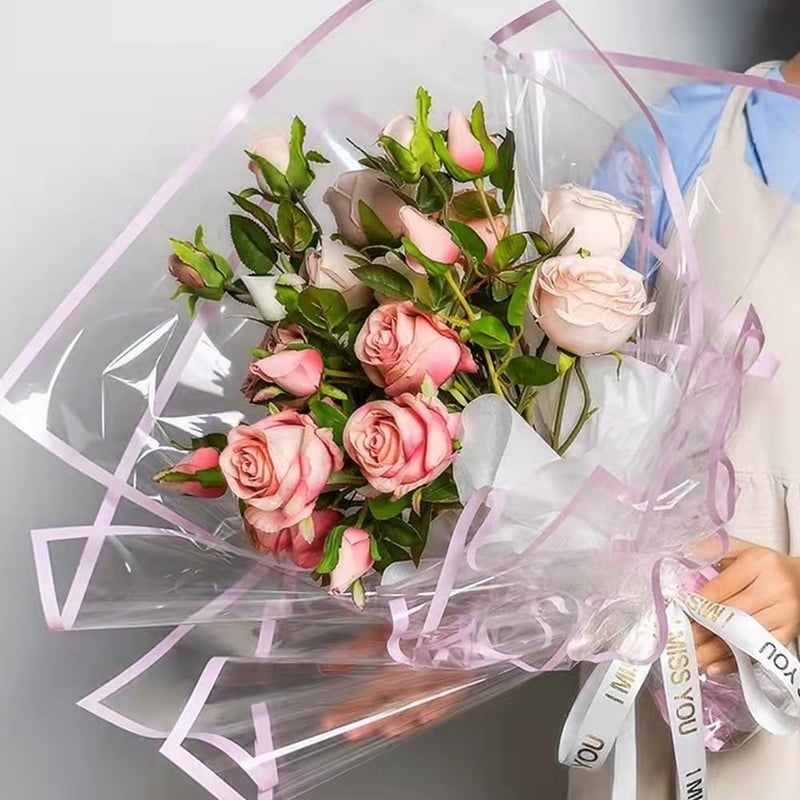 Saksham Coloured Border Clear Waterproof Floral Wrapping Paper (10 Sheets 58cm x 58cm) | Transparent Bouquet Wrap Sheets for Flowers (Lavender) | Korean Style Gift Wrap | Get 1 Free Pull Bow Ribbon - Image 2