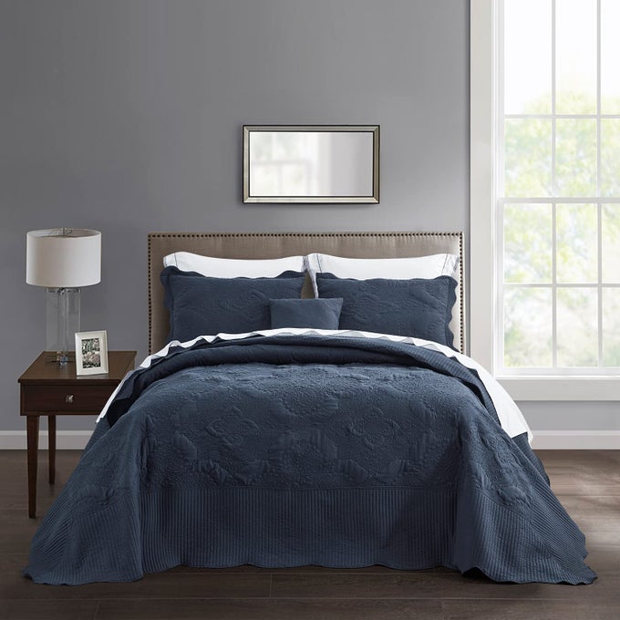 HZ HY OVERSIZED KING BEDSPREAD 128X120 EXTRA WIDE QUILTED COVERLET BEDDING SET LIGHTWEIGHT THIN COMFORTER REVERSIBLE 5 PIECE 100 MICROFIBER NAVY BLUE