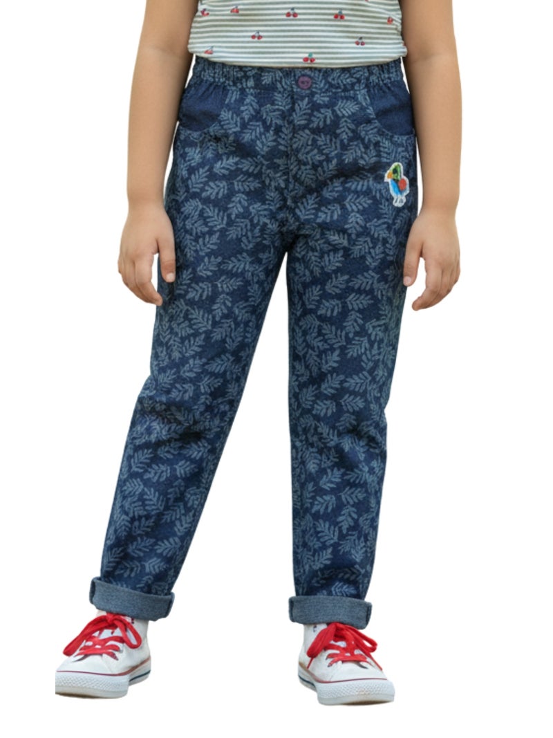 Pranava Leaf Print Denim Pants for Girls - Image 1