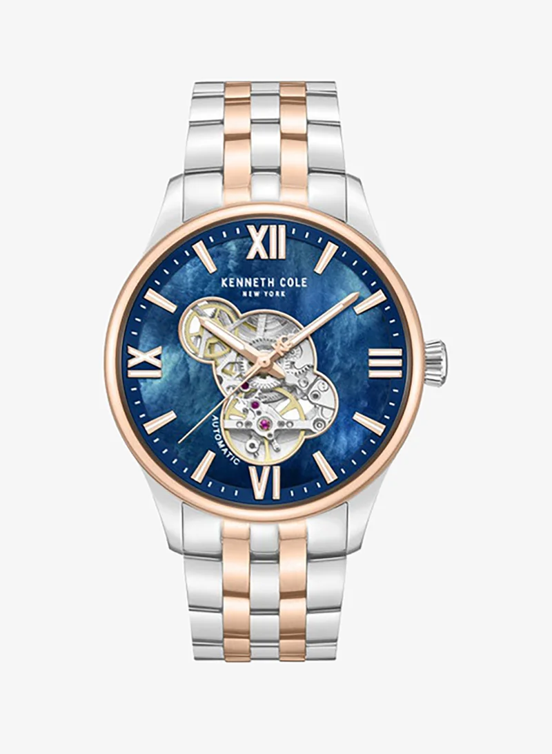 كينيث كول نيو يورك Blue Mother Of Pearl Dial Stainless Steel Bracelet Multifunction Watch for Men, 43mm