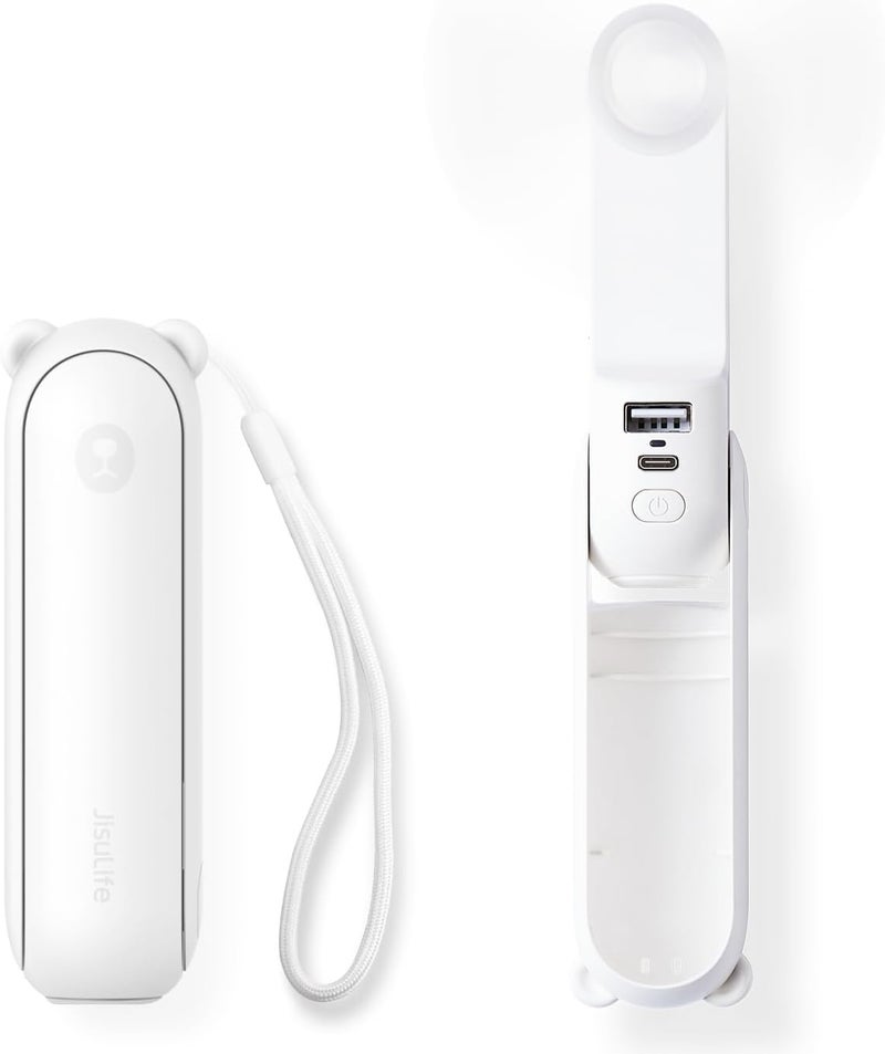 JISULIFE Gizlife 3-in-1 Portable Handheld Fan with USB Rechargeable Battery, 14-21 Hours Runtime, Power Bank Function, White - Image 1