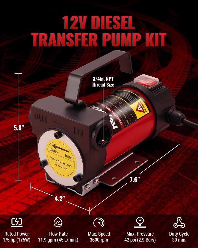 Reywoo Diesel Transfer Pump, 12V DC Electric Oil Transfer Pump Kit, 11.9 GPM Fuel Transfer Pump for Transferring Diesel, Kerosene, Machine, Transformer Oil - Image 2