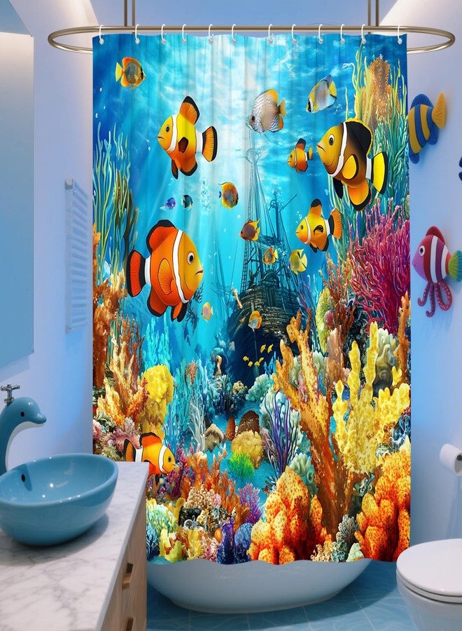 Ocean Underwater World Shower Curtain Colorful Fish Shower Curtain Sea Tropical Fishes Turtle Coral in The Deep Sea Blue Ocean Polyester Fabric Bathroom Decorative Curtain 70 x 70 inches - Image 1