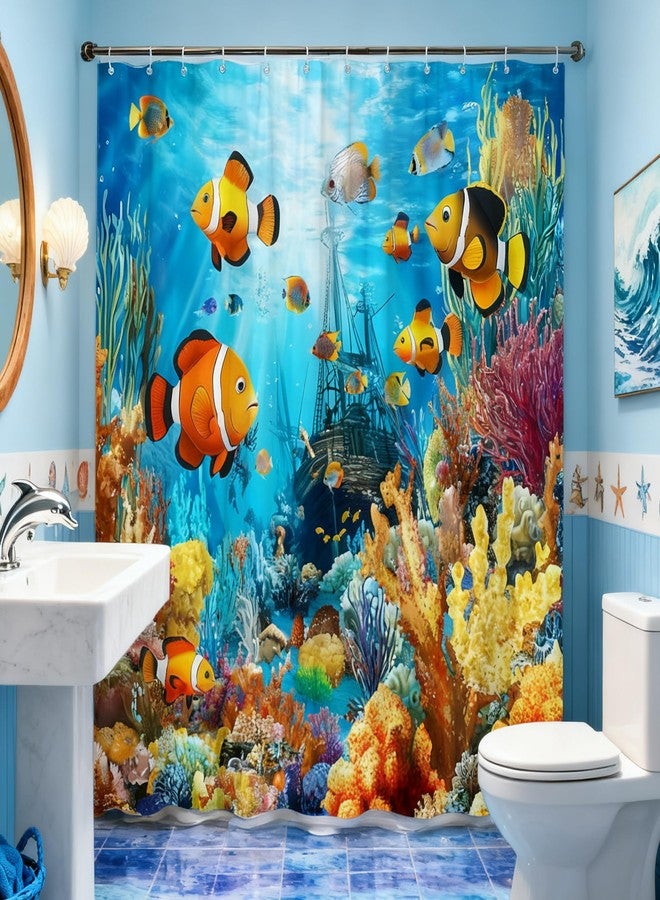 Ocean Underwater World Shower Curtain Colorful Fish Shower Curtain Sea Tropical Fishes Turtle Coral in The Deep Sea Blue Ocean Polyester Fabric Bathroom Decorative Curtain 70 x 70 inches - Image 2