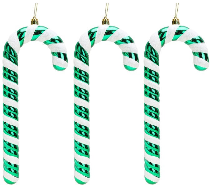 PACK OF 3250MM 10 EXTRA LARGE CANDY CANE BAUBLES SHINY GLITTER DECORATED CHRISTMAS DECORATIONS EMERALD GREEN